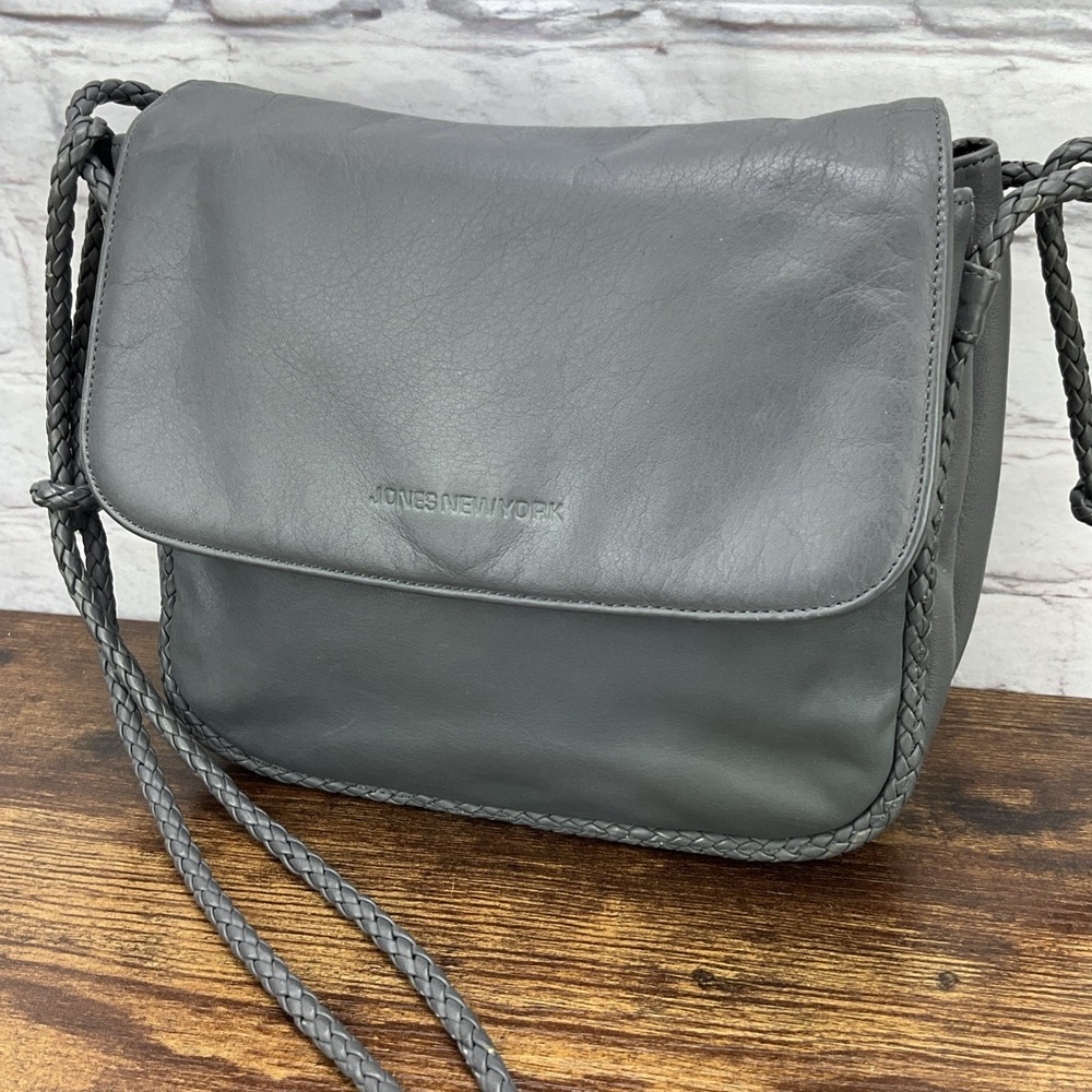 Jones New York Vintage Gray Signature Braided Strap Leather Purse